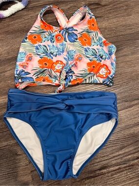 Girls Floral Pink & Blue Two-Piece Swim Set